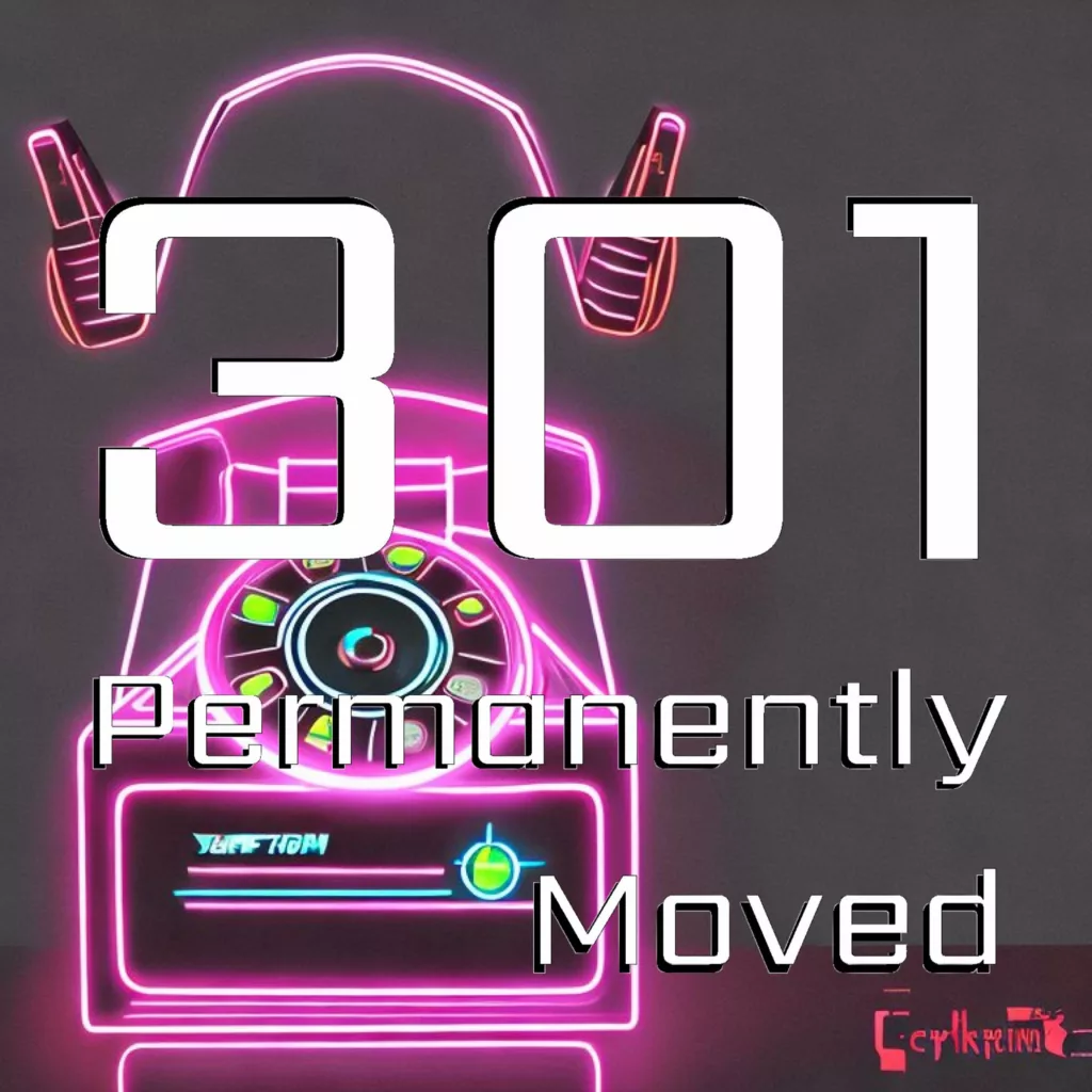 301 permanently moved podcast cover - Large white text reading 301 Permanently Moved over a neon pink glowing outline of a retro rotary phone.